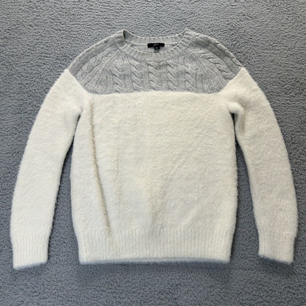 J Crew Sweater Womens XS Cream & Gray Cable Fuzzy Merino Wool Crewneck